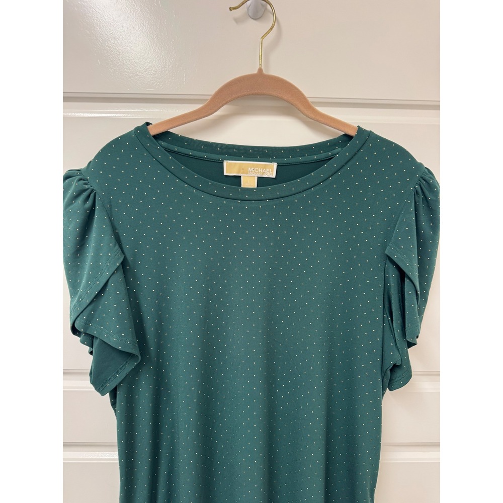 Michael Kors Womens Green Gold Polka Dot Puff Flutter Sleeve Top Size L